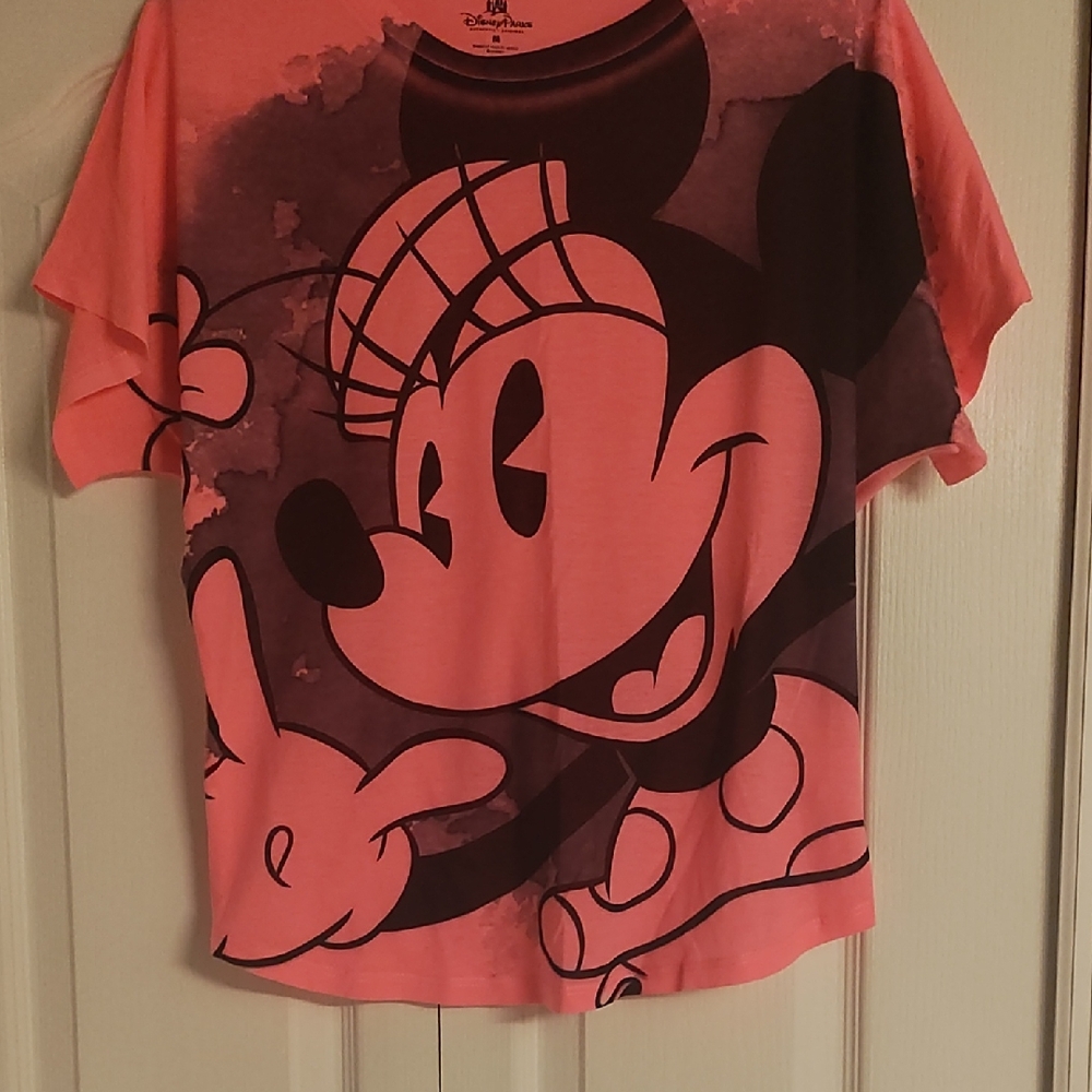 Disney Coral Pink Minnie Mouse Short Sleeve Tee with Black Graphic